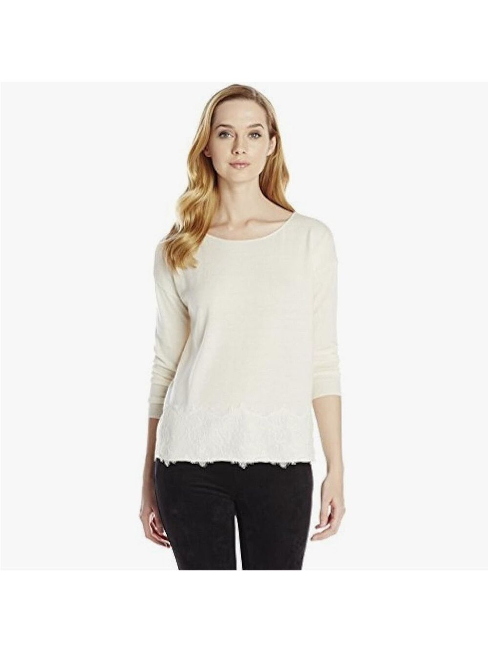 Joie Beige Bastienne Wool Cashmere Blend Lace Hem Sweater